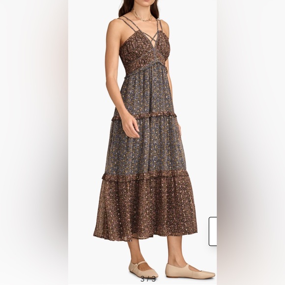 Lucky Brand Ruffle Floral Maxi Sundress Blue Brown w Gold  Size Large - Picture 5 of 16